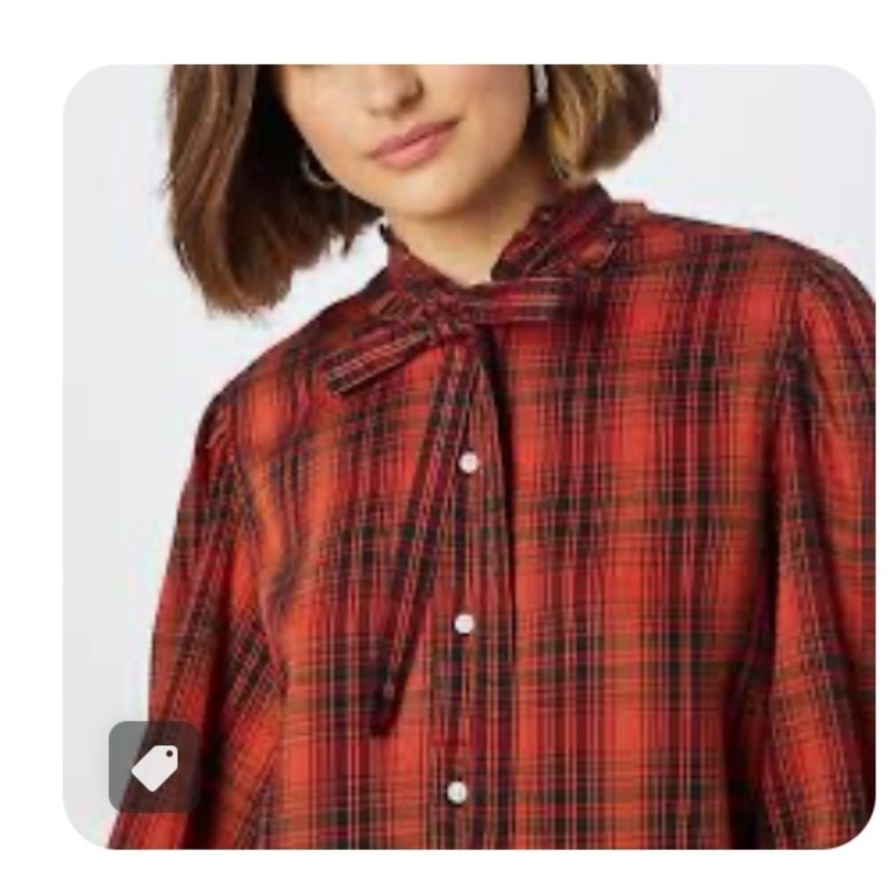 Polo Ralph Lauren Plaid Button Down Blouse with Bow Tie at Neck Size 14. NWT